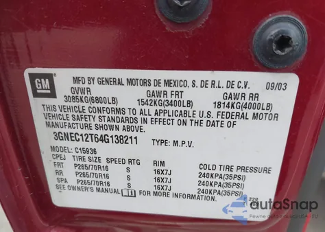 2004 Chevrolet Avalanche 1500 from USA, damaged, VIN 3GNEC12T64G138211